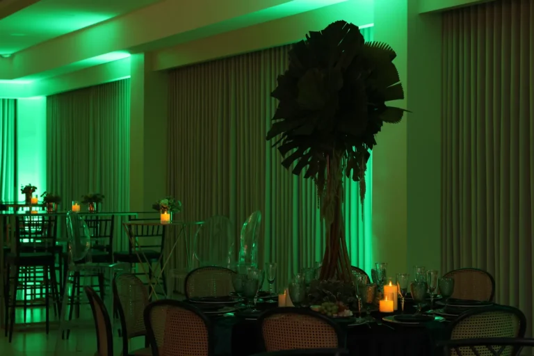 Salón de eventos con iluminación verde y centro de mesa de palmas en Las Marías Centro de Convenciones, La Ceiba
